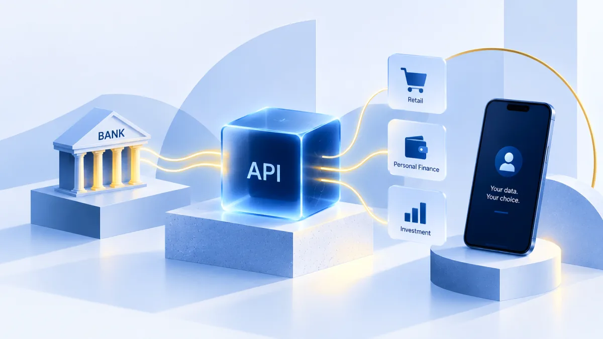 A glowing blue cube on a stone plinth, fed by a yellow line from a small bank building on the left and branching into three rounded tiles and a phone on the right.