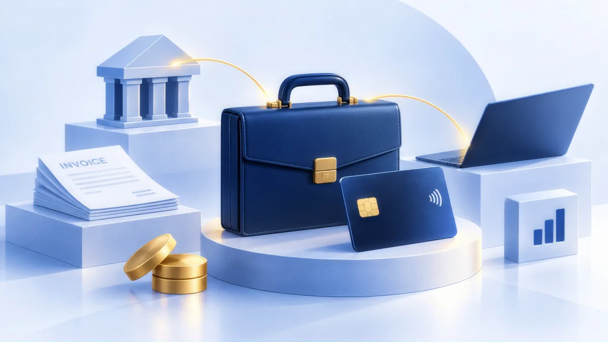 A navy leather briefcase with gold clasps centred on a pale podium, a stack of invoices and coins to one side, a laptop and a chart block to the other, joined by two yellow arcs.