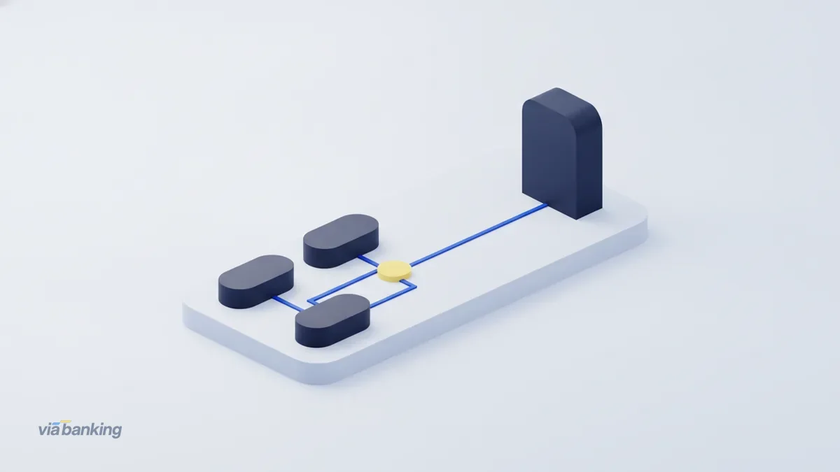 Three small navy blocks sending blue lines that meet at a yellow point before reaching one taller terminal block.