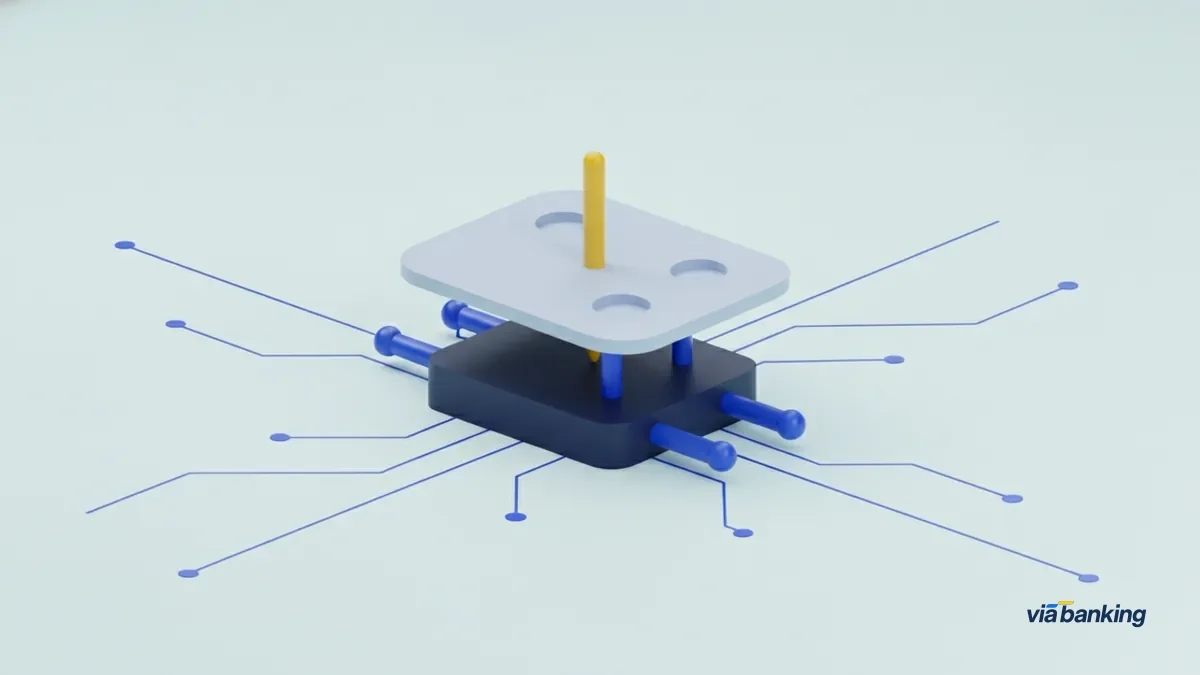 A pale card held above a navy base by one yellow pin while two blue pins stay retracted in their sockets.