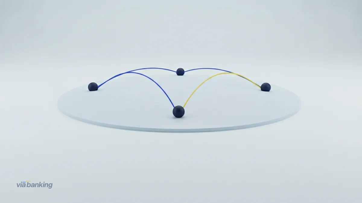 Navy nodes standing on a gently curved pale surface, joined by blue arcs leaping over the curve with one arc in yellow.