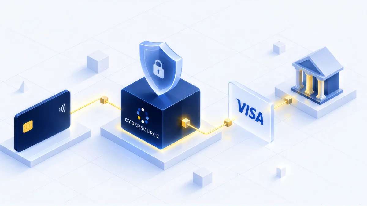 An isometric chain of pale blue plinths: a dark card, a navy gateway cube crowned by a glass padlock shield, a card-network panel, then a bank building, wired together by a yellow line.
