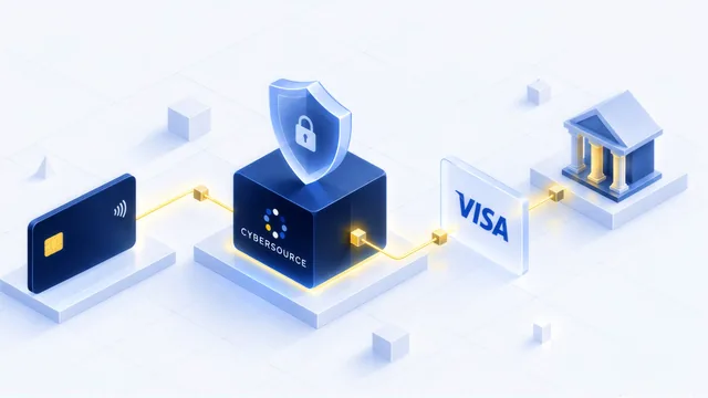 An isometric chain of pale blue plinths: a dark card, a navy gateway cube crowned by a glass padlock shield, a card-network panel, then a bank building, wired together by a yellow line.