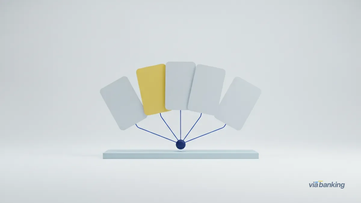 Payment method types Four blank rounded cards fanned above a pale base, each tied by a thin blue line to one navy node, the second card yellow.