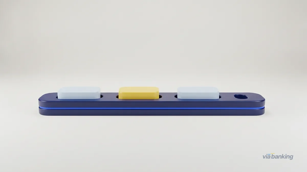 Three rounded blocks docked along a navy rail, the middle one yellow and sitting slightly proud of the others.