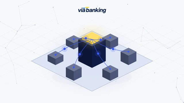 Isometric render of one tall navy hub cube glowing yellow at the top, wired by blue lines to six smaller cubes arranged around it.