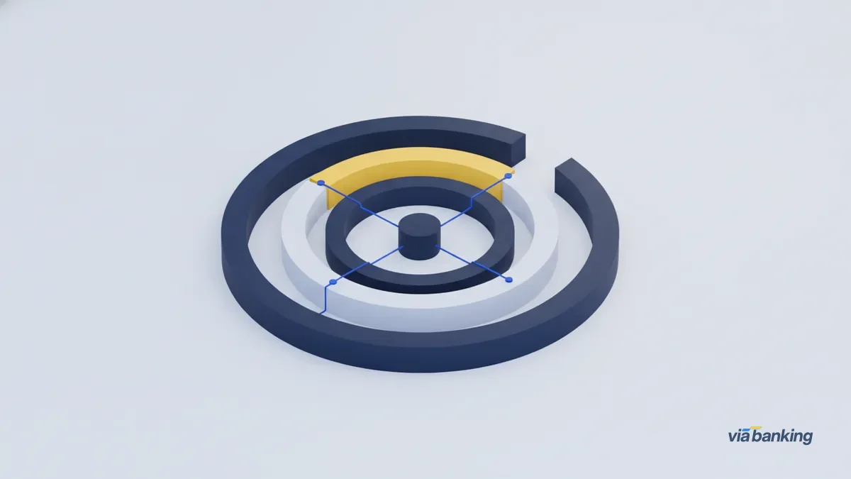 Concentric navy rings around a small core, one segment raised in yellow and a clean gap left in the outer ring.