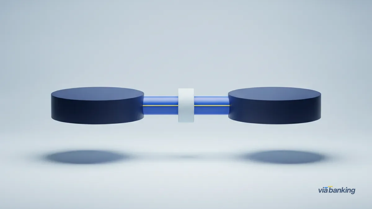 Two navy discs facing each other, joined by a single conduit with a pale collar ring at its midpoint.
