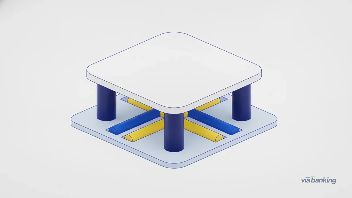 Secure payment processing A raised platform on four navy pillars with conduits running through the space beneath it, the middle conduit yellow.
