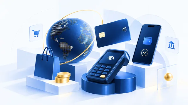 A navy card terminal on a round pedestal in front of a dotted blue globe ringed in gold, with a shopping bag, coins, a contactless card and a wallet phone arranged around it.