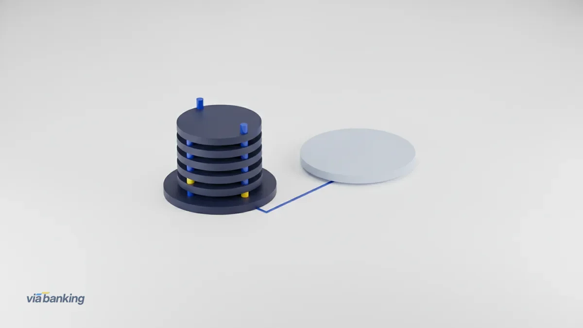 B2B vs B2C payments A tall stack of navy layers beside a single thin pale slab, the two linked at the base by a blue line.