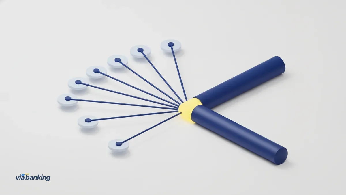 Thin blue lines from a fan of small pale nodes converging into one navy channel at a yellow junction.
