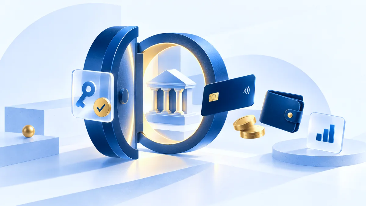A navy vault ring swung open on a warm yellow glow, a small classical bank building inside it, with a key tile, a contactless card, a wallet and coins floating out across a pale blue set.