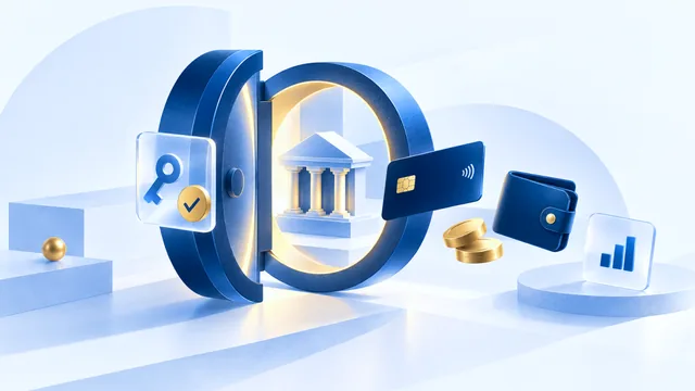 A navy vault ring swung open on a warm yellow glow, a small classical bank building inside it, with a key tile, a contactless card, a wallet and coins floating out across a pale blue set.
