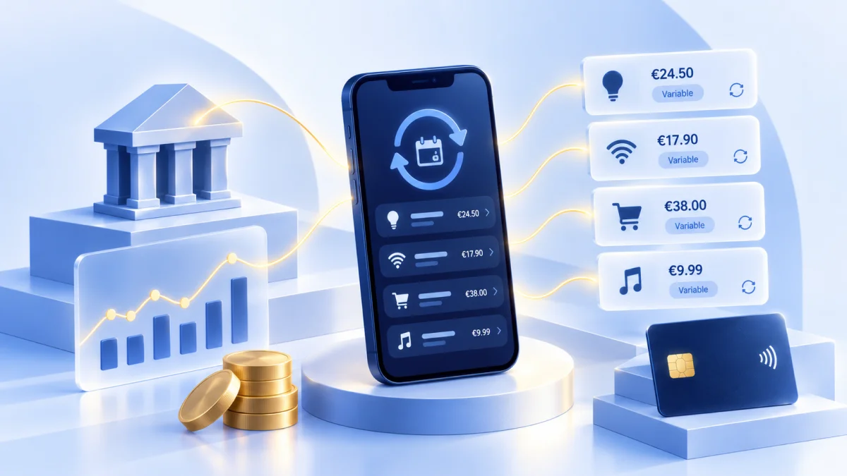 A phone displaying recurring bill amounts, linked to a bank building and utility, shopping and music payment tiles on a pale blue background.