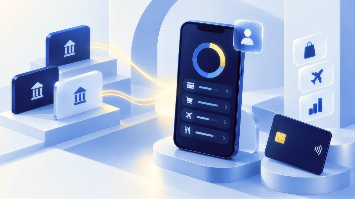 A dark phone on a podium showing a blue and yellow donut chart above a list of transaction rows, linked by yellow threads to three bank cards on the left and category tiles on the right.