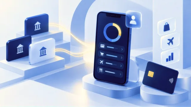 A dark phone on a podium showing a blue and yellow donut chart above a list of transaction rows, linked by yellow threads to three bank cards on the left and category tiles on the right.