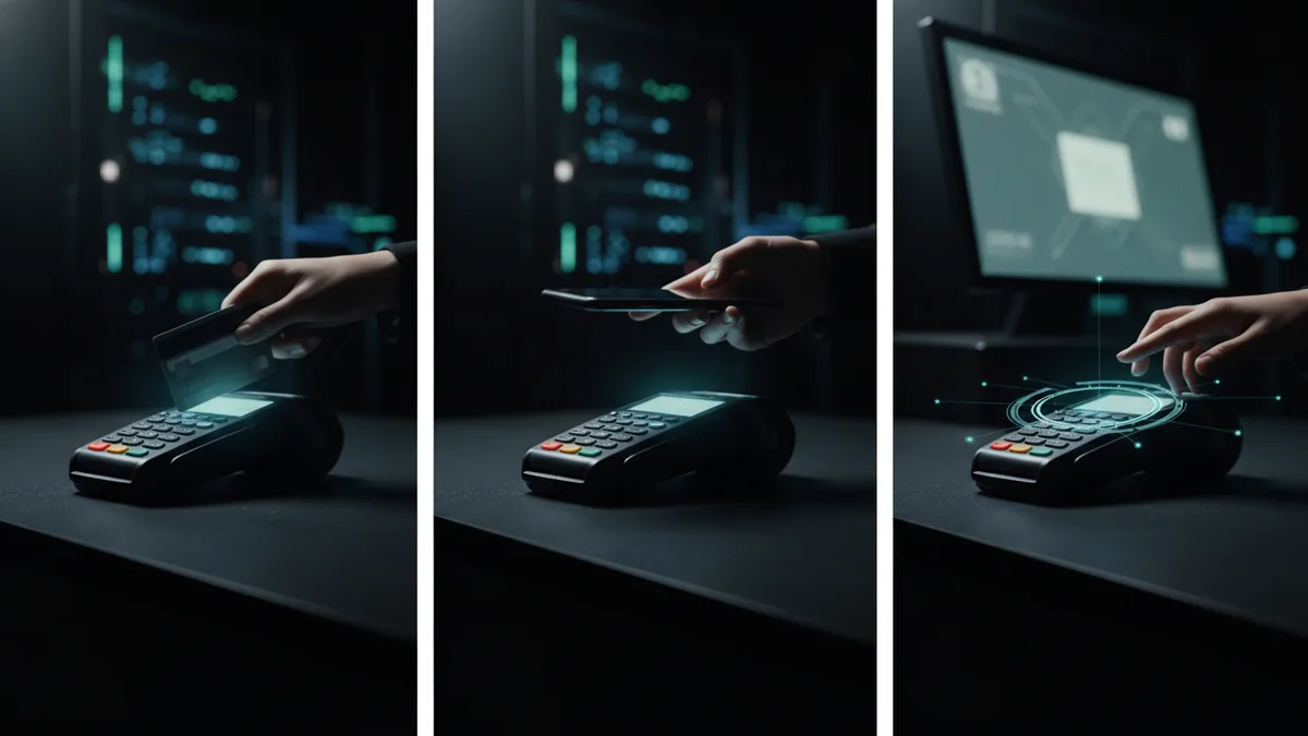 Multiple payment methods at checkout Card tap and mobile payment options ready at a retail point of sale terminal